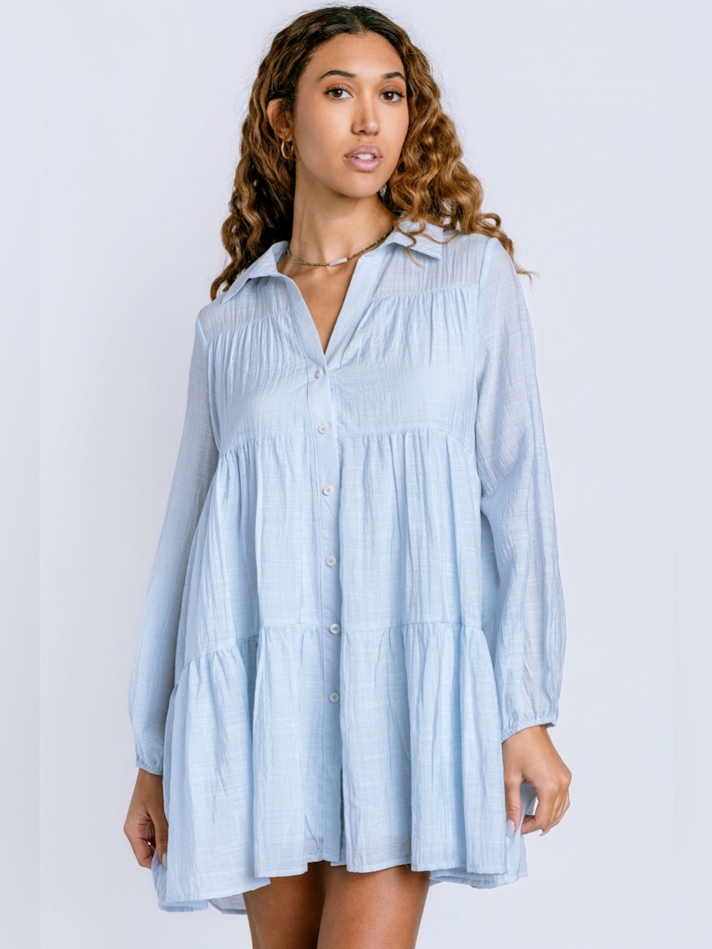 NWT Deluc Pale Blue Tiered Button-Front Gomera Mini Dress- XS